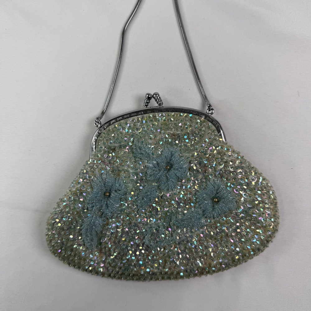 Vintage Handmade Hong Kong Beaded Sequin Floral Evening Bag Blue Iridescent